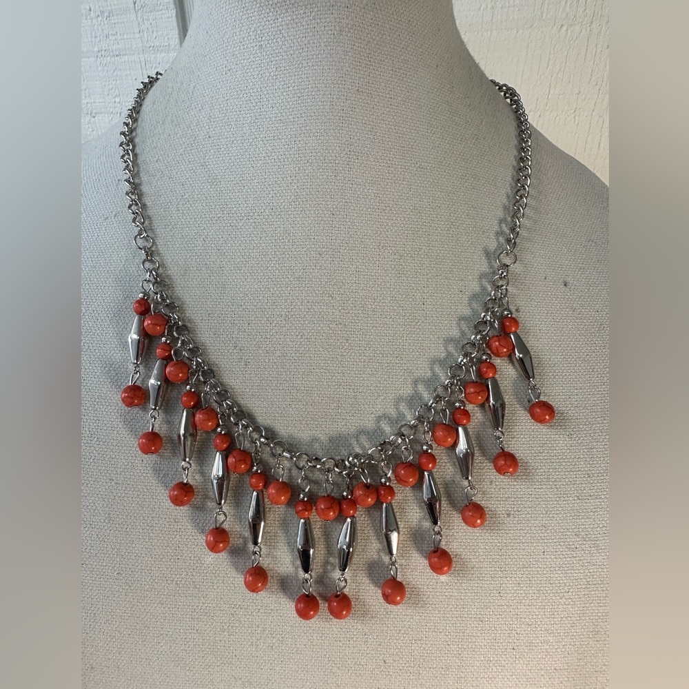 Drippy silvertone orange bead statement necklace
